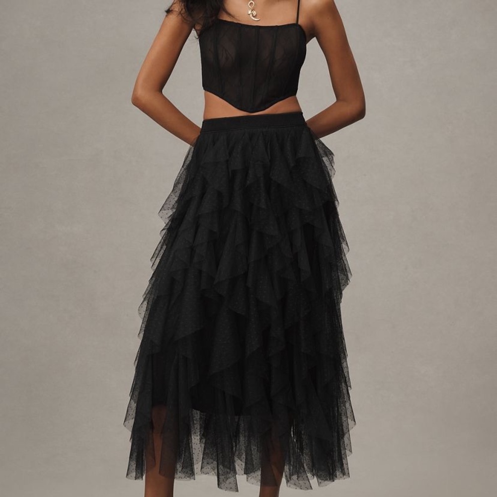 Anthropologie Black Layered Tulle Midi Skirt